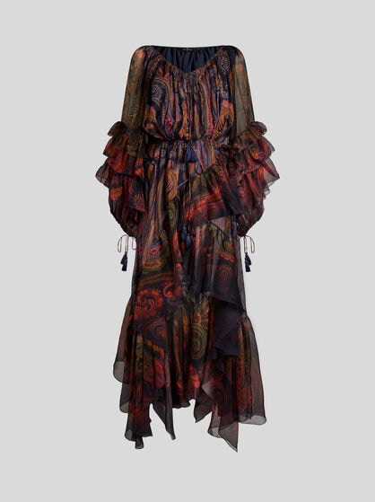 SILK MIDI DRESS WITH RUFFLES AND PLACED PAISLEY PRINT