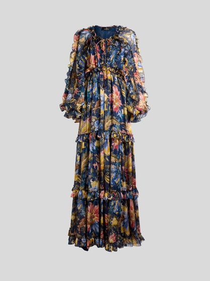 LONG DRESS IN SILK WITH RUFFLES AND FLORAL MOTIF