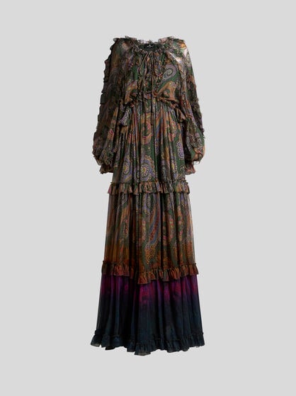 LONG SILK DRESS WITH RUFFLES AND PLACED DEGRAD&Eacute; PAISLEY PRINT