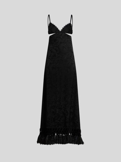 JACQUARD LONG DRESS WITH LACE, OSTRICH FEATHERS AND PAISLEY MOTIF