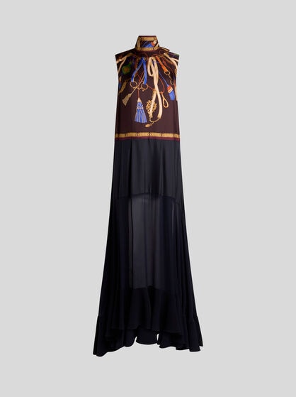 LONG SILK DRESS WITH SEE-THROUGH SKIRT AND PLACED PRINT