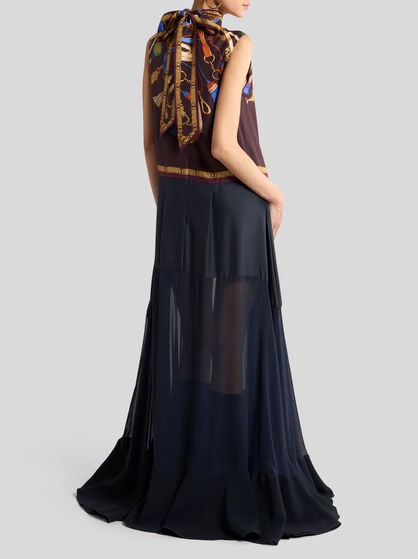 LONG SILK DRESS WITH SEE-THROUGH SKIRT AND PLACED PRINT