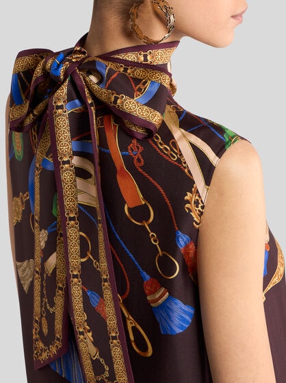LONG SILK DRESS WITH SEE-THROUGH SKIRT AND PLACED PRINT