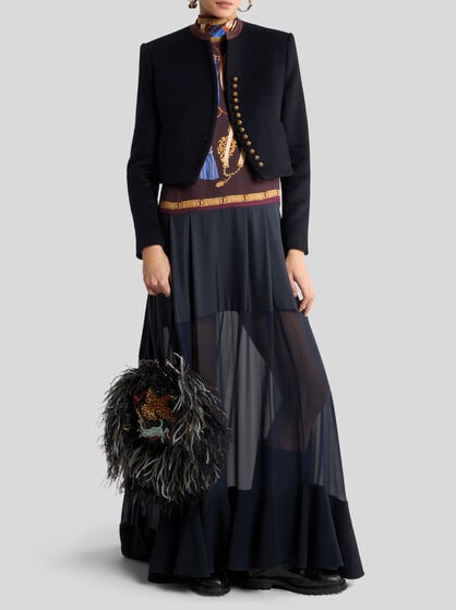 LONG SILK DRESS WITH SEE-THROUGH SKIRT AND PLACED PRINT