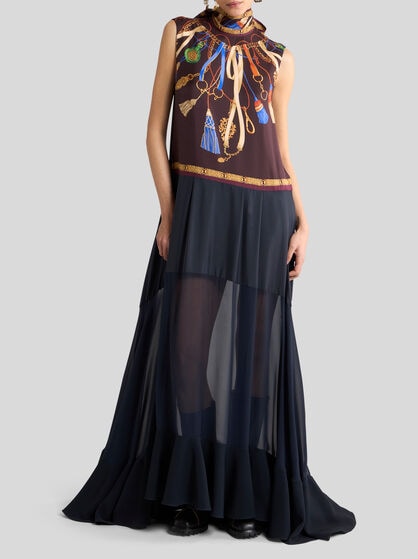 LONG SILK DRESS WITH SEE-THROUGH SKIRT AND PLACED PRINT