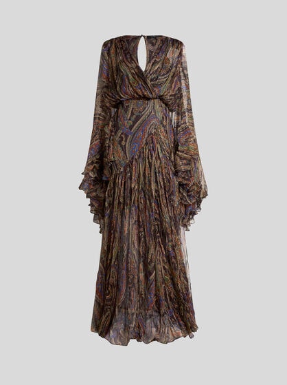 SILK LONG DRESS WITH RUFFLES AND PAISLEY MOTIF