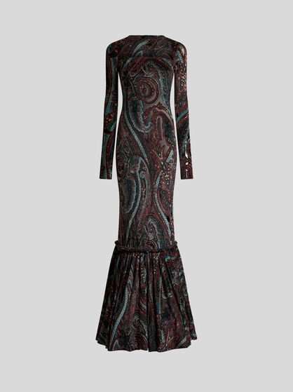 CHENILLE JACQUARD LONG DRESS WITH PAISLEY MOTIF