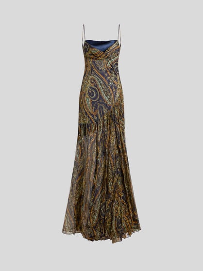 LONG SILK DRESS WITH DRAPING AND PAISLEY MOTIF