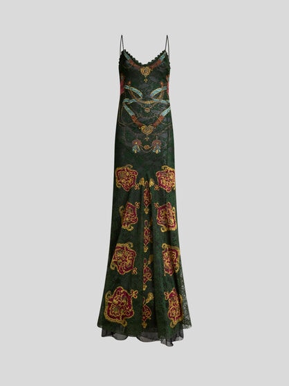 LONG JERSEY DRESS WITH LACE AND TWO PLACED PRINTS