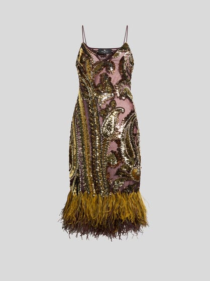 KNEE-LENGTH DRESS WITH SEQUINS AND OSTRICH FEATHERS