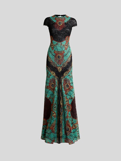 LONG DRESS IN JERSEY WITH LACE AND PLACED JEWELLERY PRINT