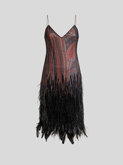 KNEE-LENGTH DRESS WITH SEQUINS, OSTRICH FEATHERS AND PAISLEY MOTIF