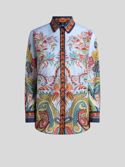 COTTON AND SILK SHIRT WITH PLACED PAISLEY FOLIAGE PRINT