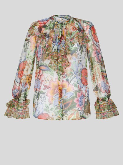 PRINTED SILK SHIRT WITH RUCHING