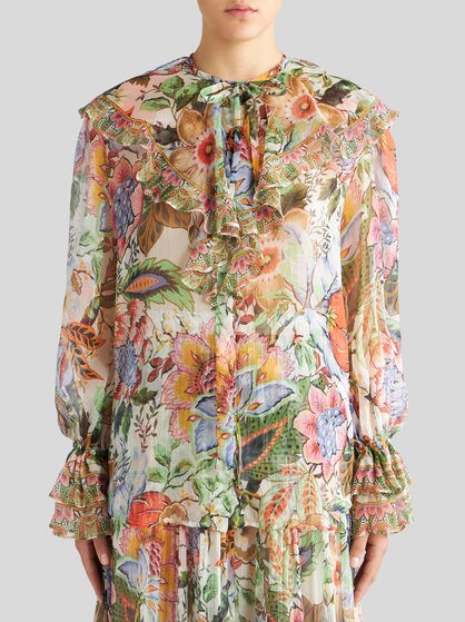 PRINTED SILK SHIRT WITH RUCHING