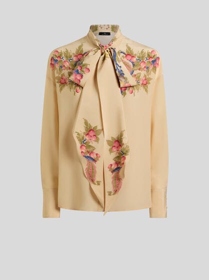 SILK SHIRT WITH SILK SCARF AND PLACED FLORAL PRINT