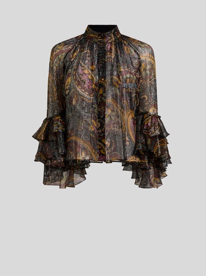 HEMDBLUSE AUS SEIDE MIT R&Uuml;SCHE UND FLORALEM PAISLEY-MOTIV MIT STREIFEN