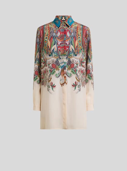 LONG SILK SHIRT WITH PLACED PAISLEY FOLIAGE PRINT