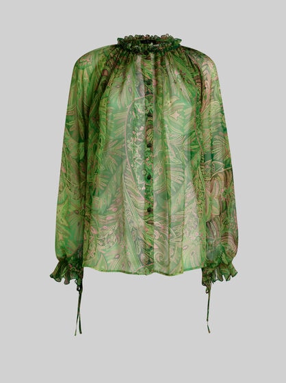 ラッフル＆ペイズリーモチーフ クルーネック シルク シャツ