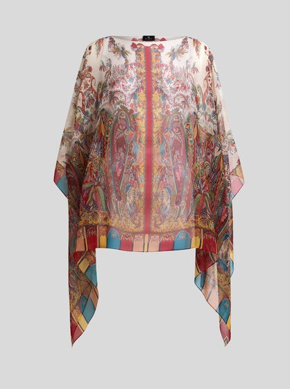 SILK PONCHO TOP WITH PAISLEY FOLIAGE MOTIF
