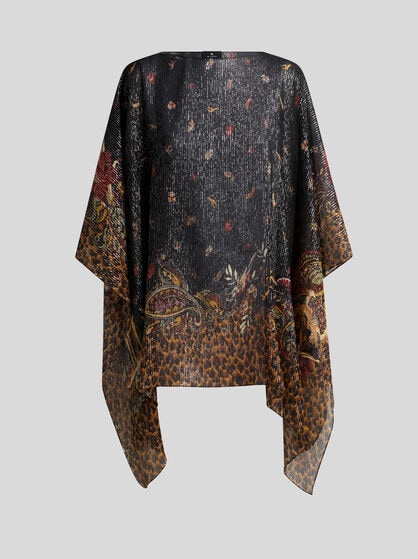 SILK PONCHO TOP WITH STRIPED ANIMAL AND FLORAL PAISLEY MOTIF