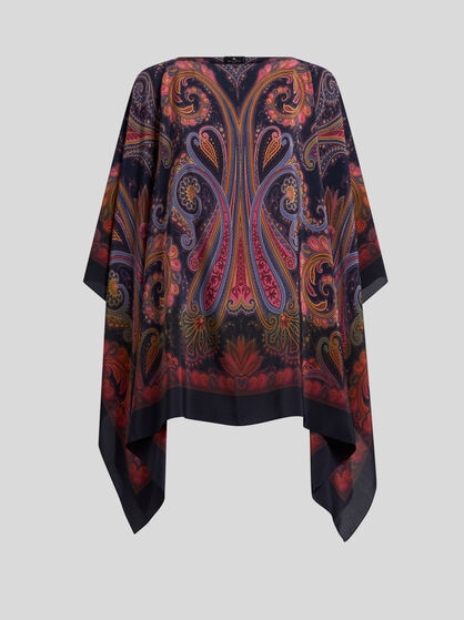 SILK PONCHO TOP WITH PAISLEY DEGRAD&Eacute; MOTIF