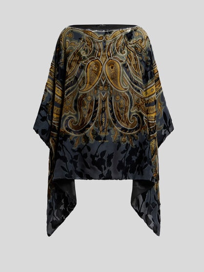 BURNOUT VELVET PONCHO TOP WITH PLACED PAISLEY PRINT
