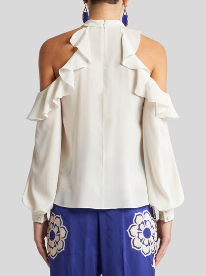 SILK TOP WITH OPEN SHOULDERS AND RUFFLES