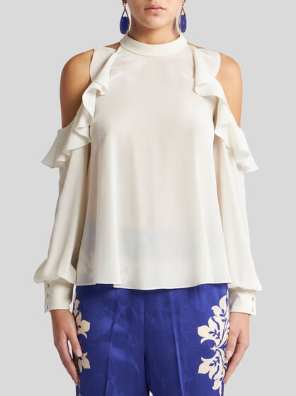 SILK TOP WITH OPEN SHOULDERS AND RUFFLES