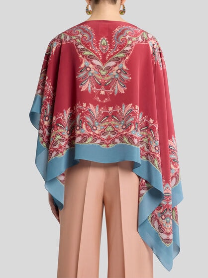 ASYMMETRIC SILK PONCHO TOP WITH PLACED PRINT