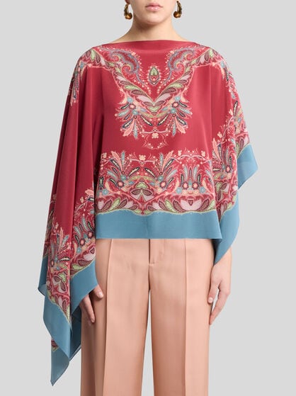 ASYMMETRIC SILK PONCHO TOP WITH PLACED PRINT