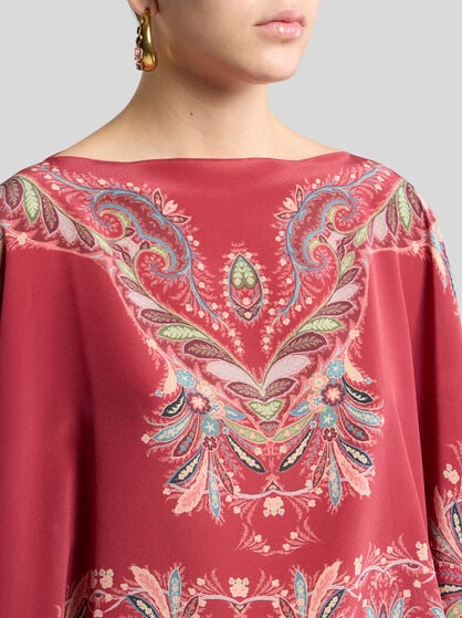 ASYMMETRIC SILK PONCHO TOP WITH PLACED PRINT