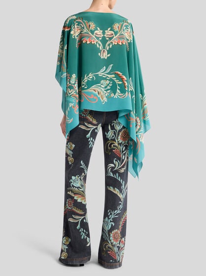 ASYMMETRIC SILK PONCHO TOP WITH DAFFODIL MOTIF