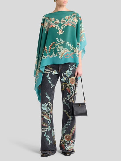 ASYMMETRIC SILK PONCHO TOP WITH DAFFODIL MOTIF