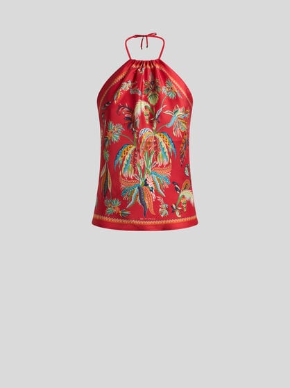 SILK TOP WITH HALTERNECK AND PAISLEY FOLIAGE MOTIF