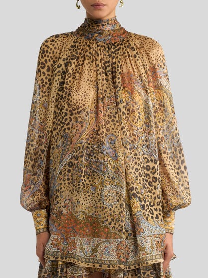 SILK BLOUSE WITH SILK SCARF AND PAISLEY AND ANIMAL MOTIF