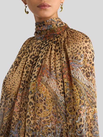 SILK BLOUSE WITH SILK SCARF AND PAISLEY AND ANIMAL MOTIF