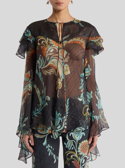 SILK BLOUSE WITH RUFFLES AND DAFFODIL MOTIF