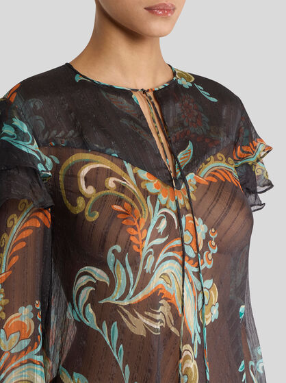 SILK BLOUSE WITH RUFFLES AND DAFFODIL MOTIF