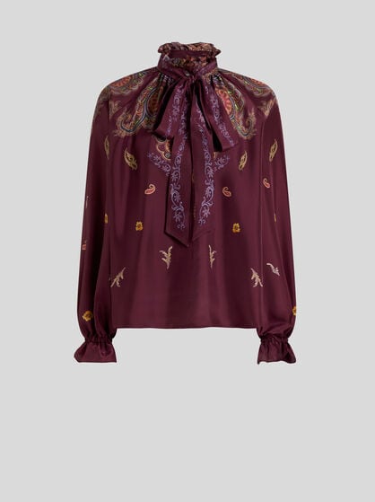 SILK BLOUSE WITH SILK SCARF AND PLACED FLORAL PAISLEY PRINT