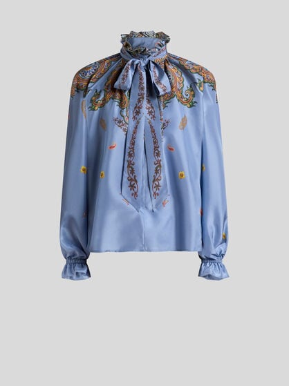 SILK BLOUSE WITH SILK SCARF AND PLACED FLORAL PAISLEY PRINT
