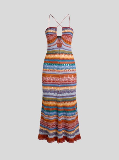 LONG KNIT COTTON DRESS WITH STRIPES AND OPENWORK