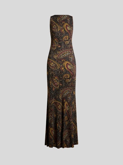 RIBBED LONG DRESS WITH FLORAL PAISLEY MOTIF