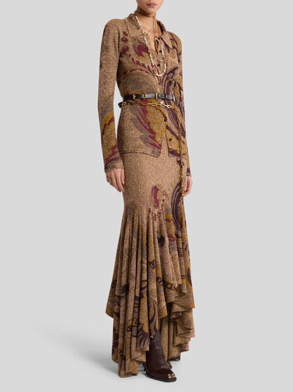 RIBBED WOOL MAXI SKIRT WITH FLORAL MOTIF