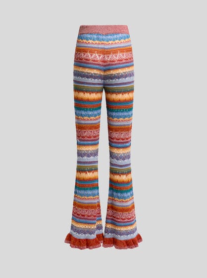 PANTALON FLARE &Agrave; RAYURES EN MAILLE AJOUR&Eacute;E DE COTON