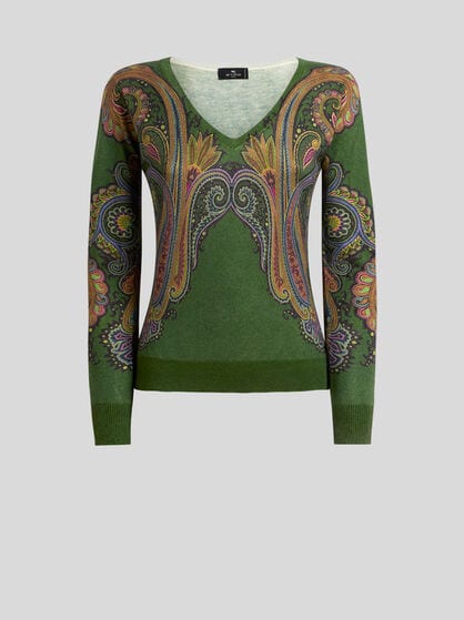 SILK AND CASHMERE SWEATER WITH V-NECK AND PLACED PAISLEY PRINT