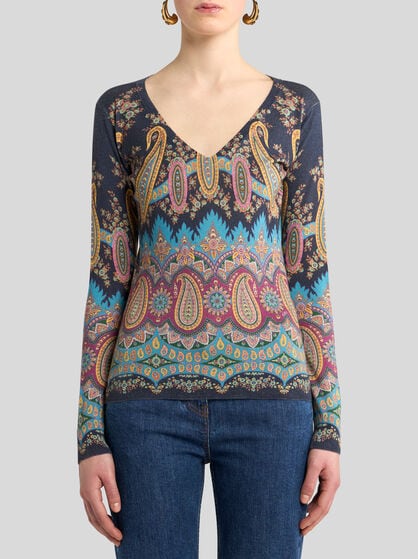SILK AND CASHMERE SWEATER WITH PLACED PRINT