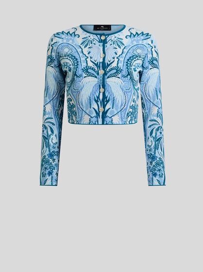 JACQUARD CROPPED CARDIGAN WITH LEAFY PAISLEY MOTIF