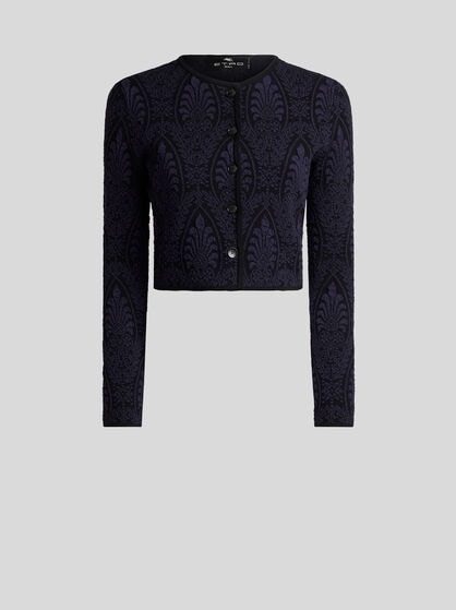 CROPPED JACQUARD CARDIGAN WITH MEDALLION MOTIF