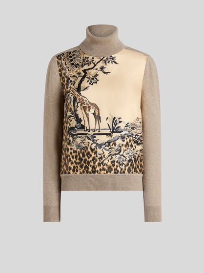 WOOL-BLEND TURTLENECK SWEATER WITH PLACED ANIMAL AND PAISLEY PRINT